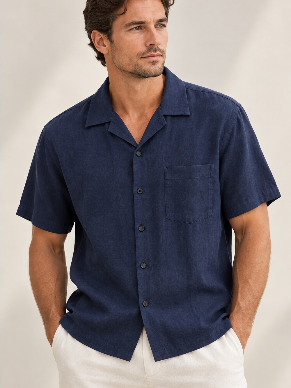 ONIA Mens Navy Blue Linen Short Sleeve Button Up Camp Collar Shirt XL Luxury